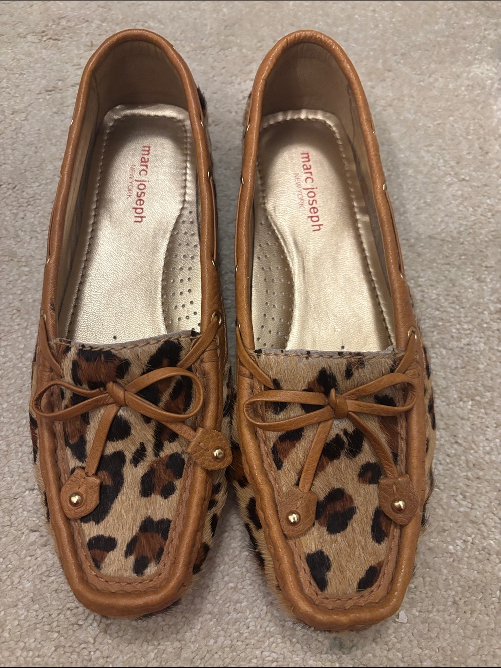 Marc Joseph Tan Leather Moccasins with Leopard Haircalf Accents - Picture 2 of 6